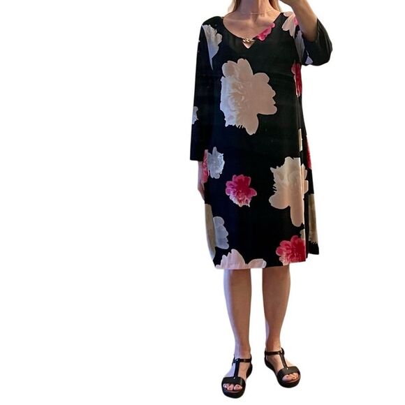 NWT Calvin Klein Floral Black Dress Pink Cream Stretch Knit Key Hole Chain XL - Picture 5 of 10